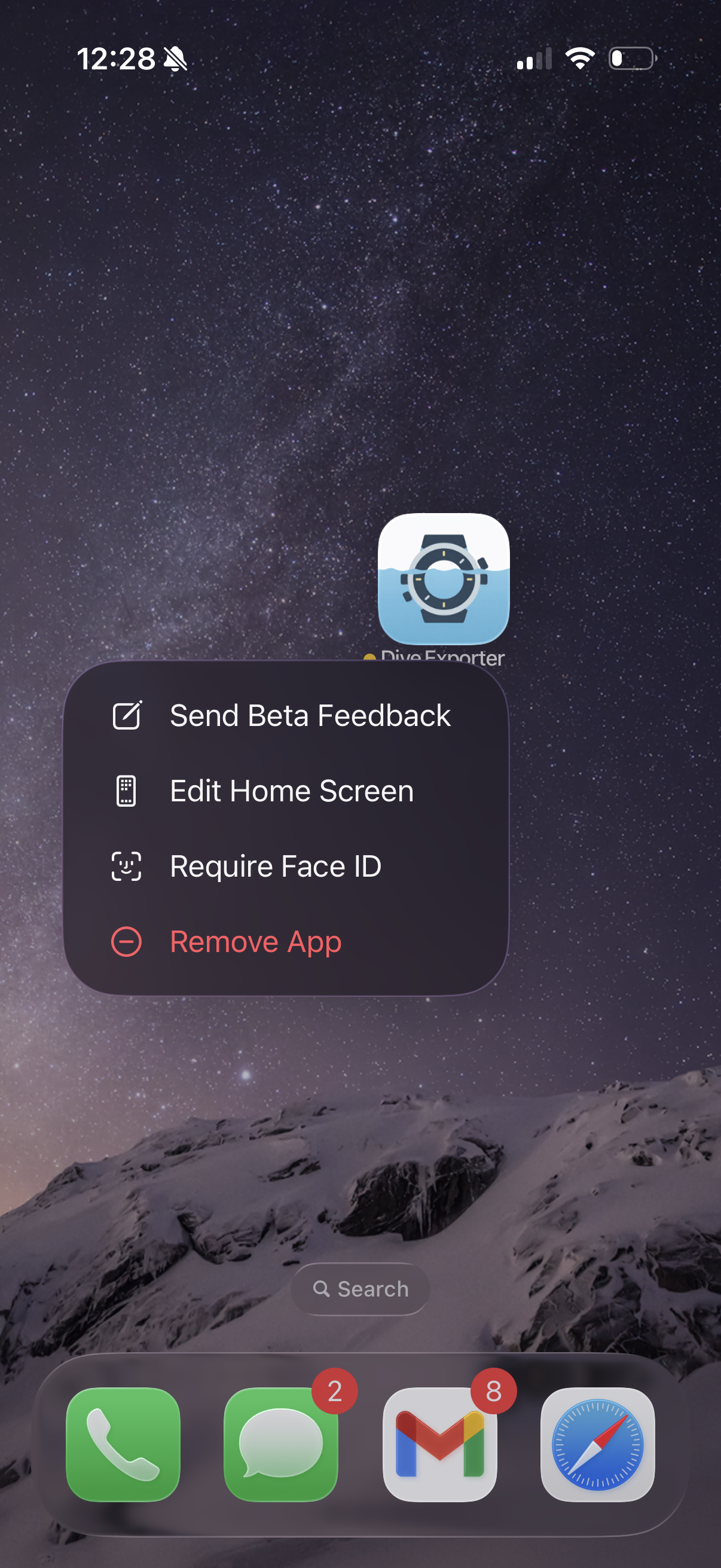 iOS context menu showing Send Beta Feedback option