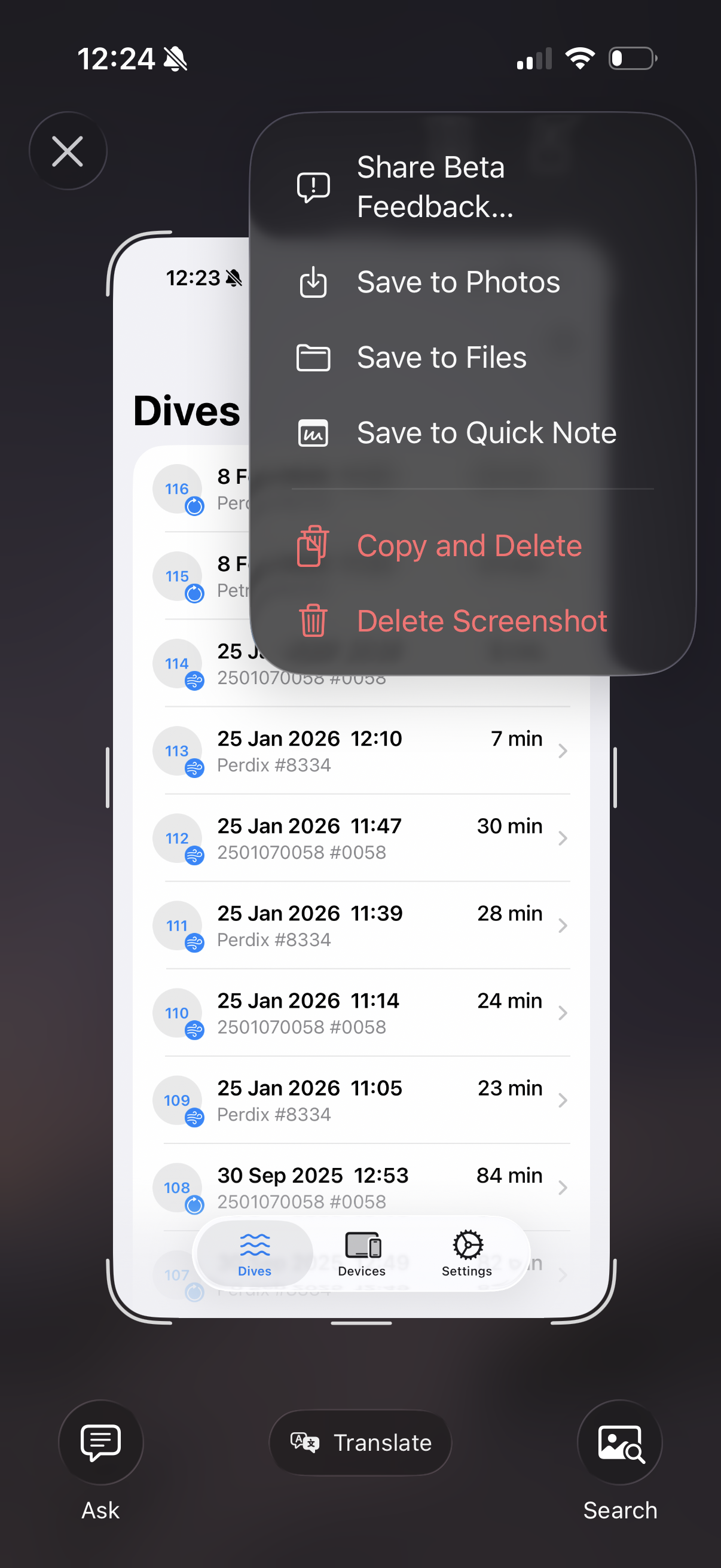 iOS share sheet showing Share Beta Feedback option after taking a screenshot