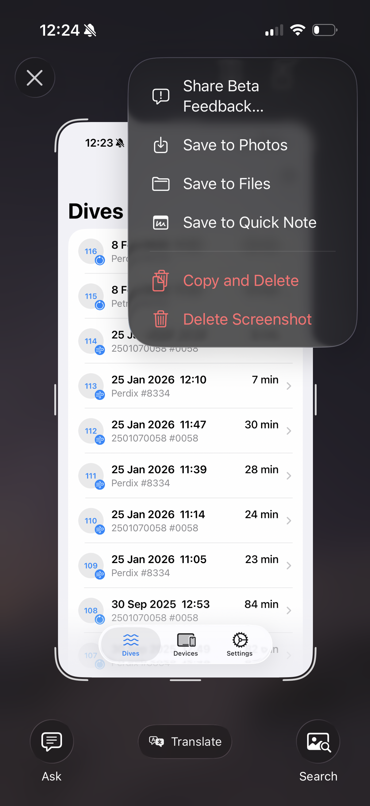 iOS share sheet showing Share Beta Feedback option after taking a screenshot