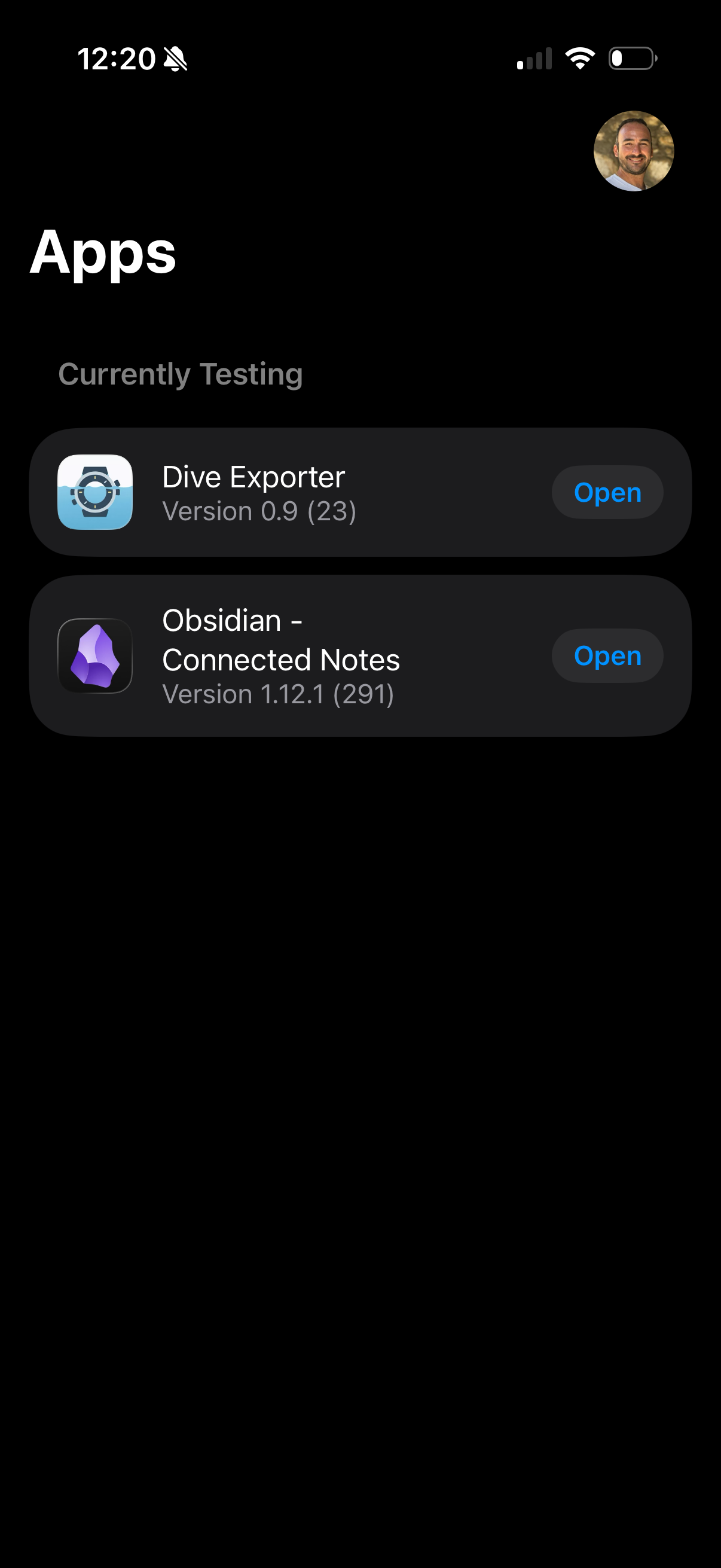 TestFlight showing Dive Exporter available for testing