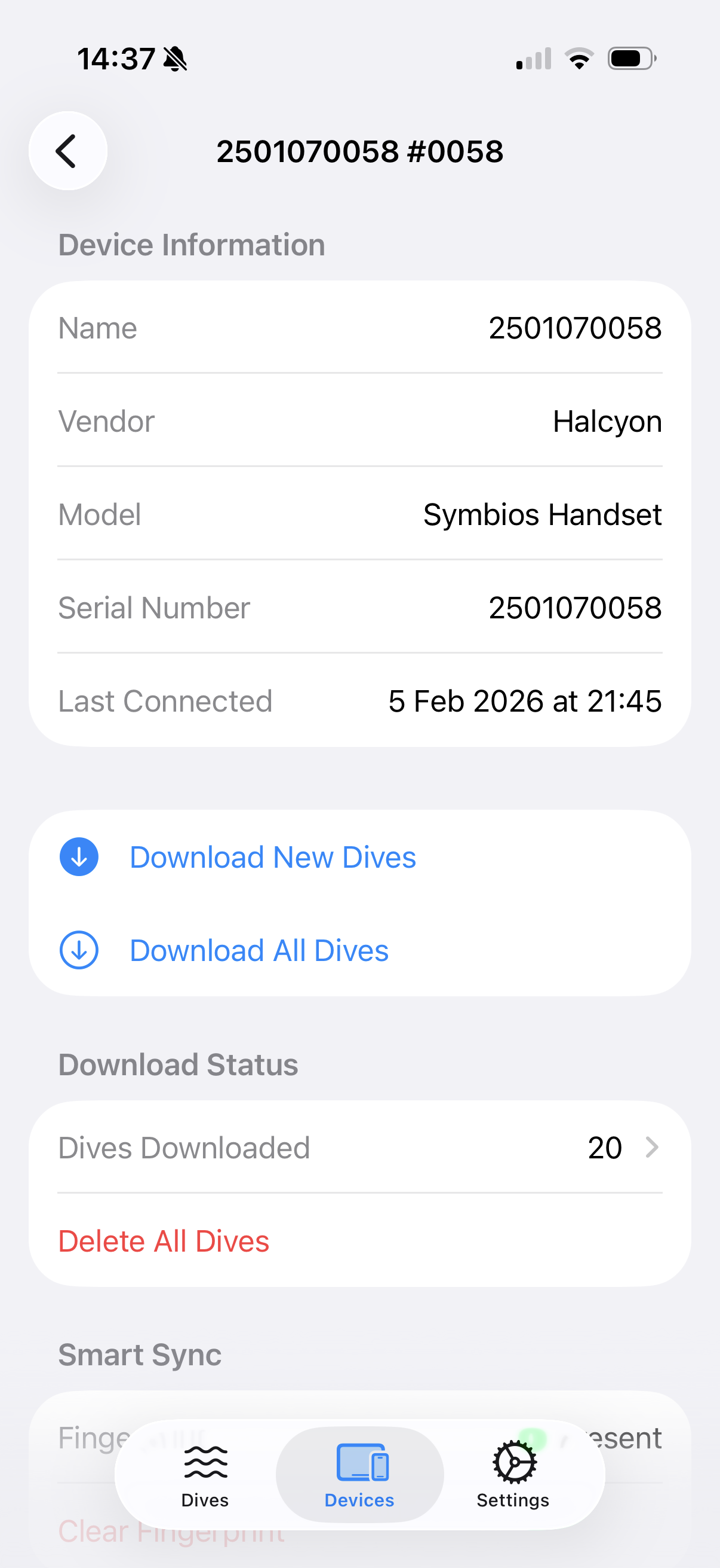 Dive Exporter device detail with download options