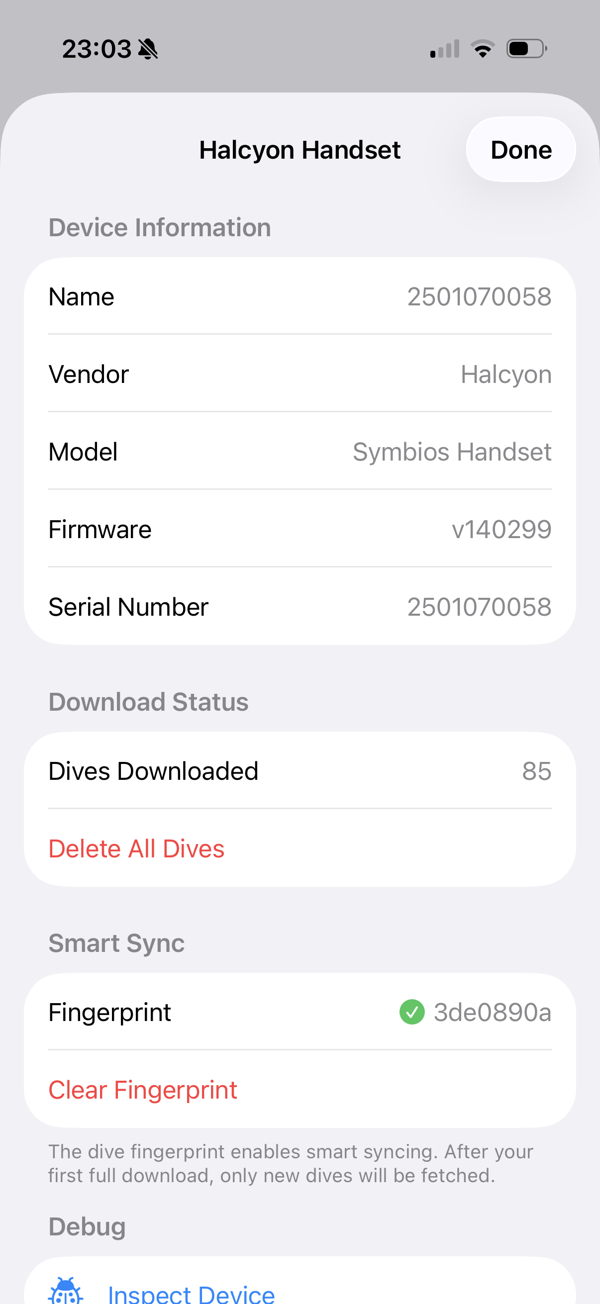 Dive Exporter device info with the device details, the download status, and the fingerprint