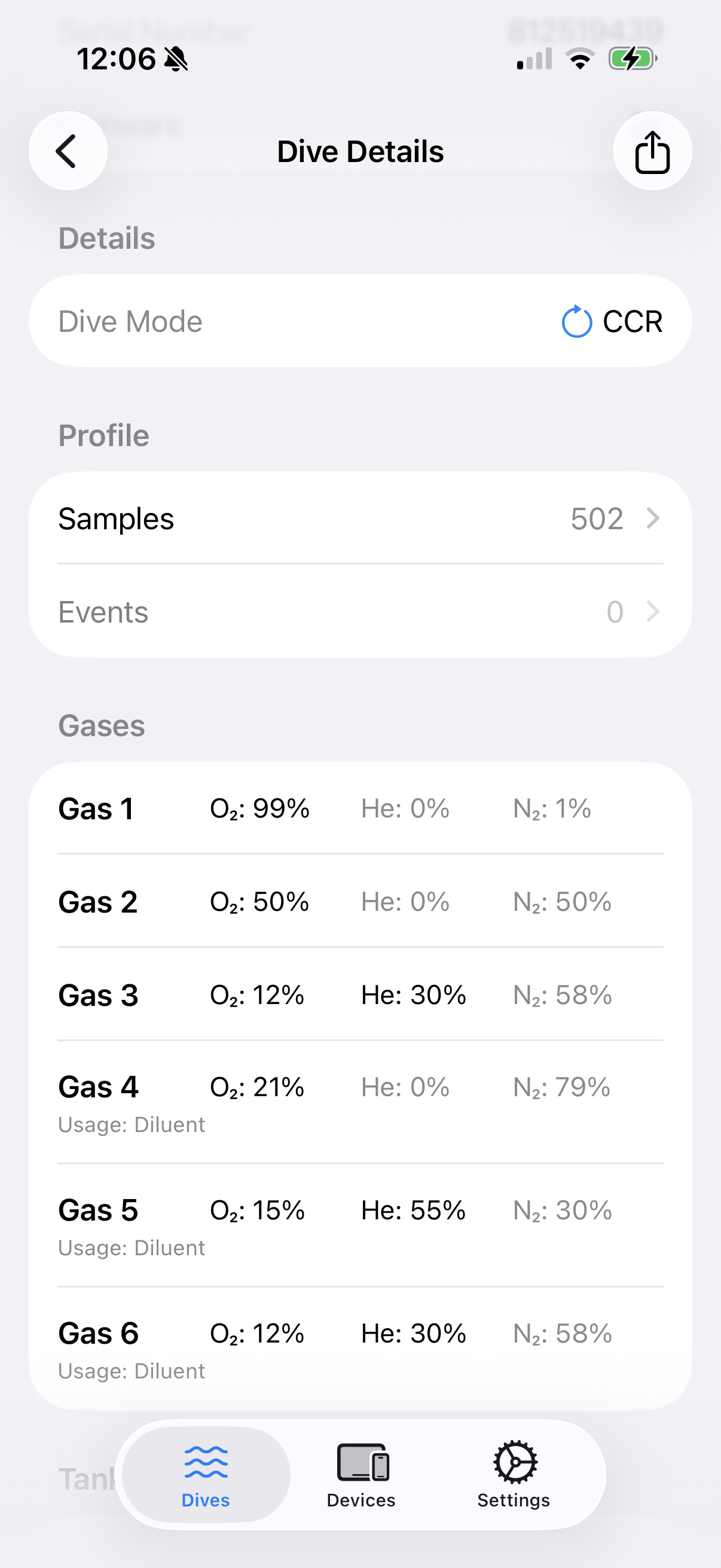 Dive Exporter dive details with gas mixes