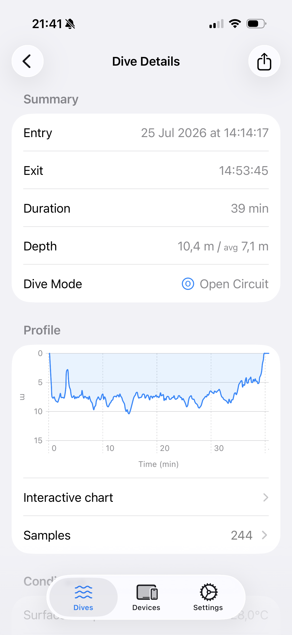 Dive Exporter dive details with the summary and the dive profile
