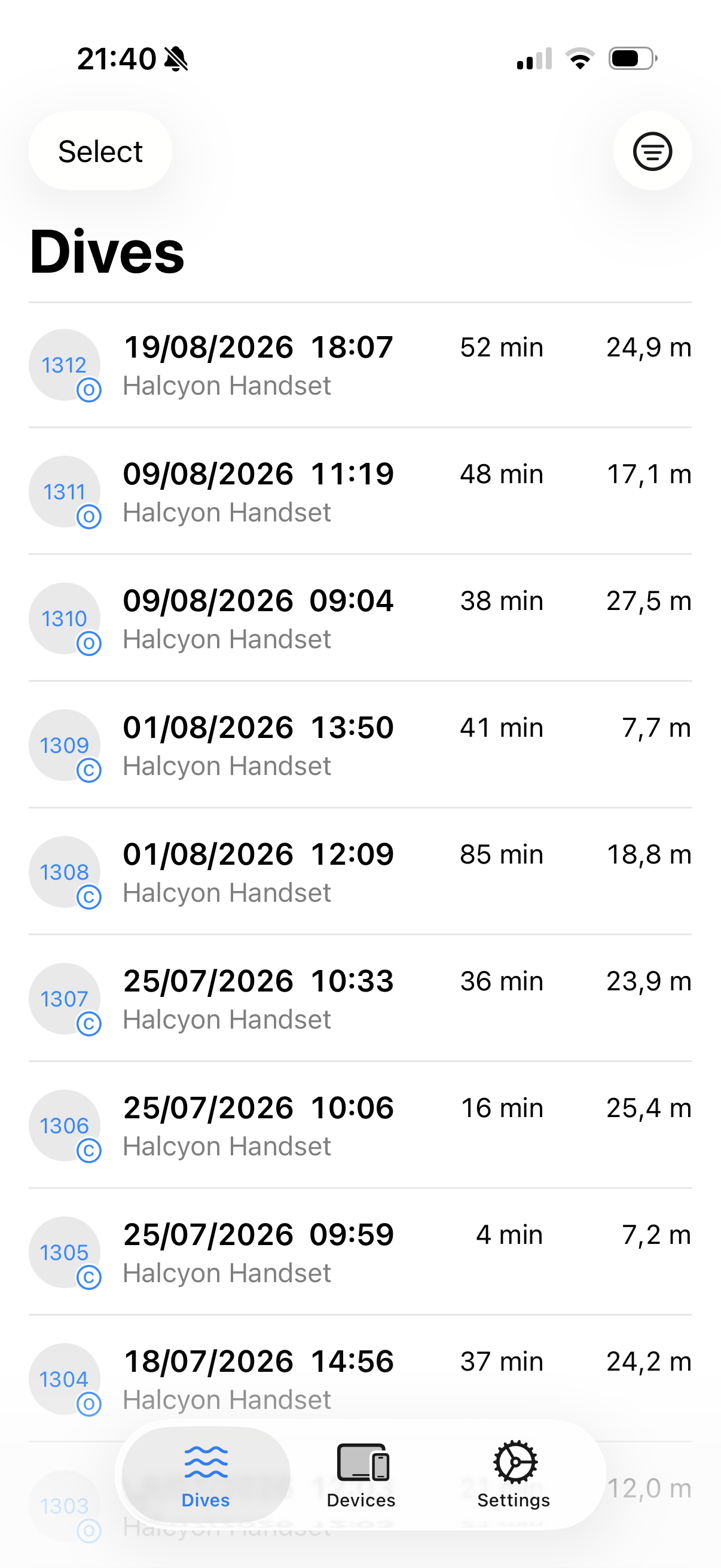 Dive Exporter showing a list of downloaded dives