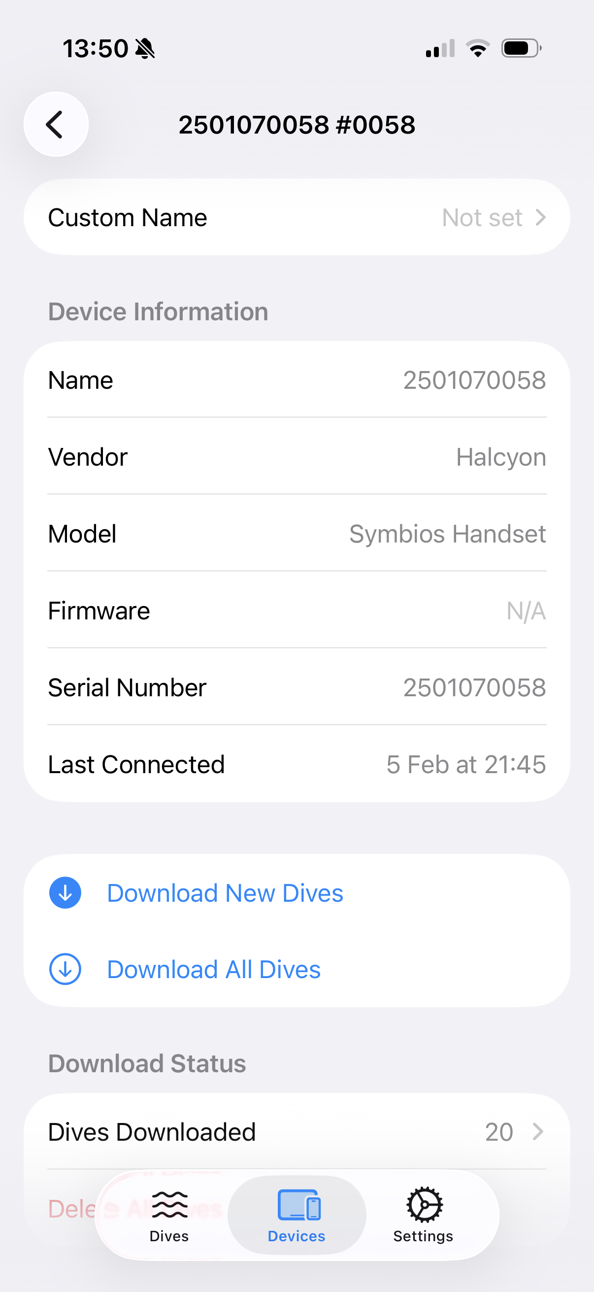 Device detail page for a newly added device