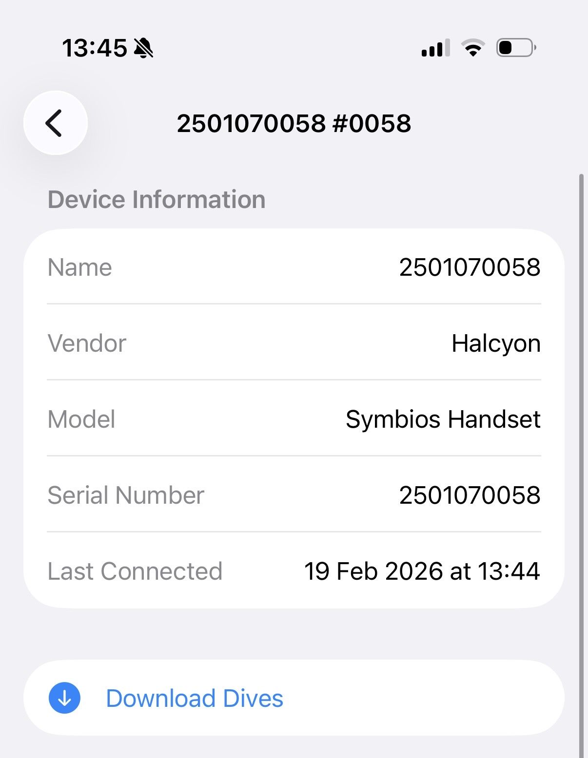 Device information after first download with serial number