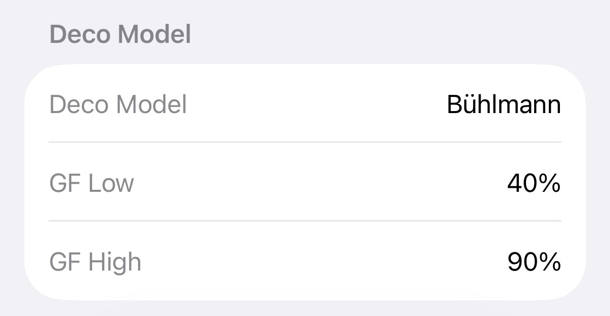 Deco model showing Buhlmann with gradient factors