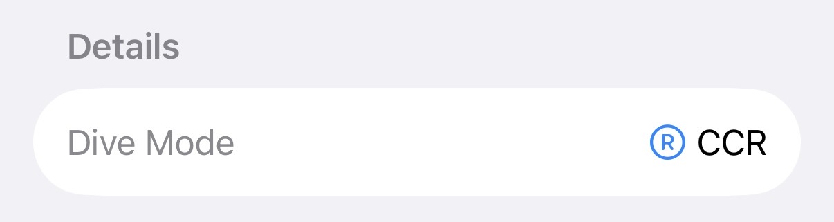 Dive details showing CCR dive mode