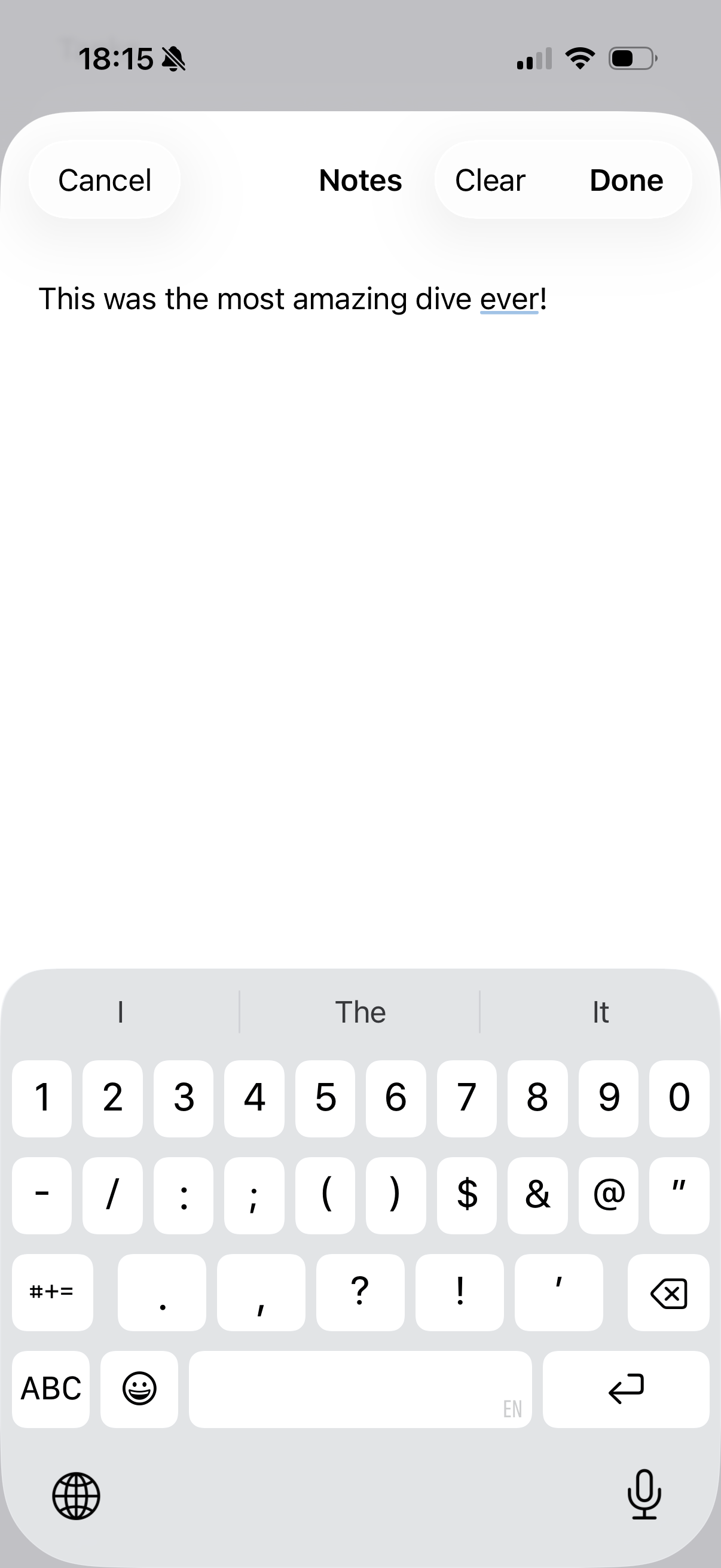 Editing a dive note with the on-screen keyboard
