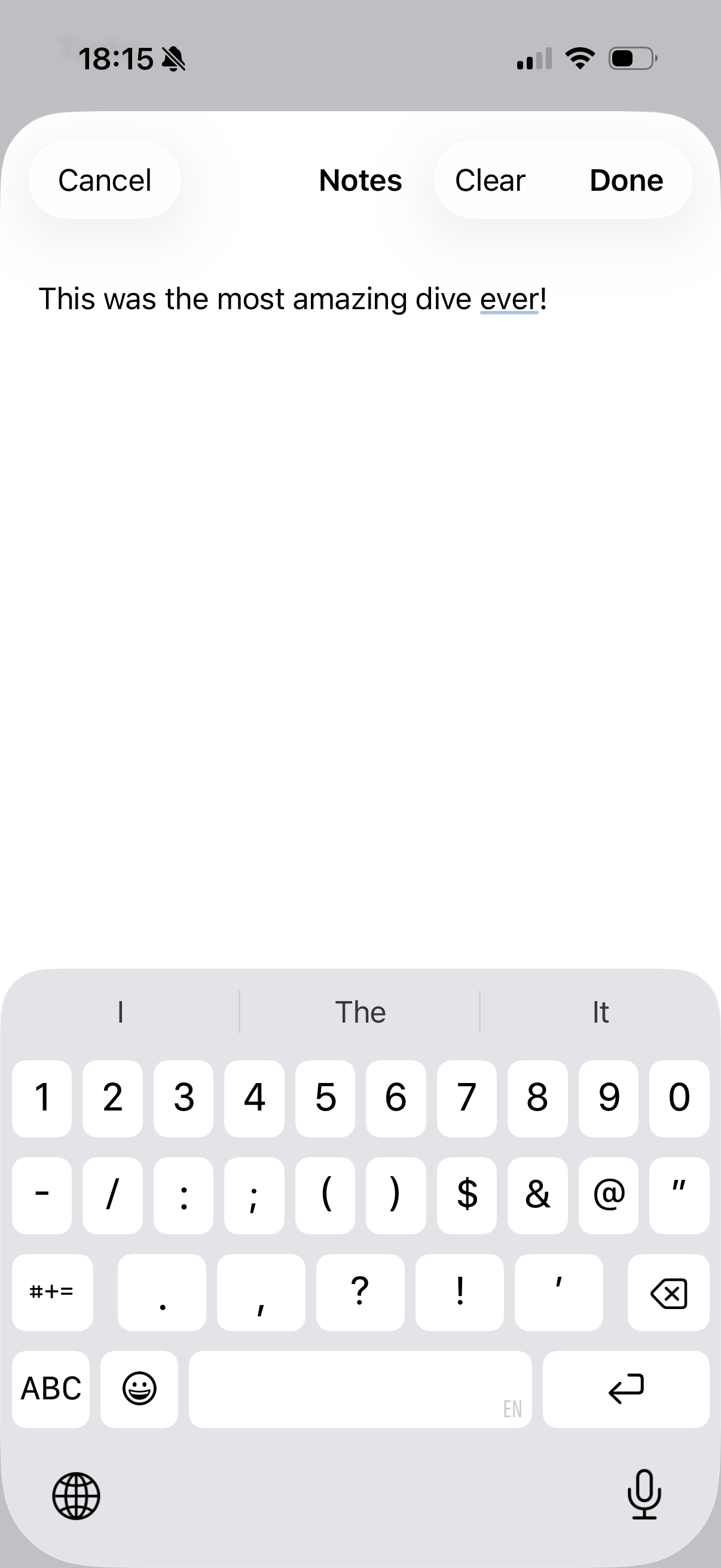 Editing a dive note with the on-screen keyboard