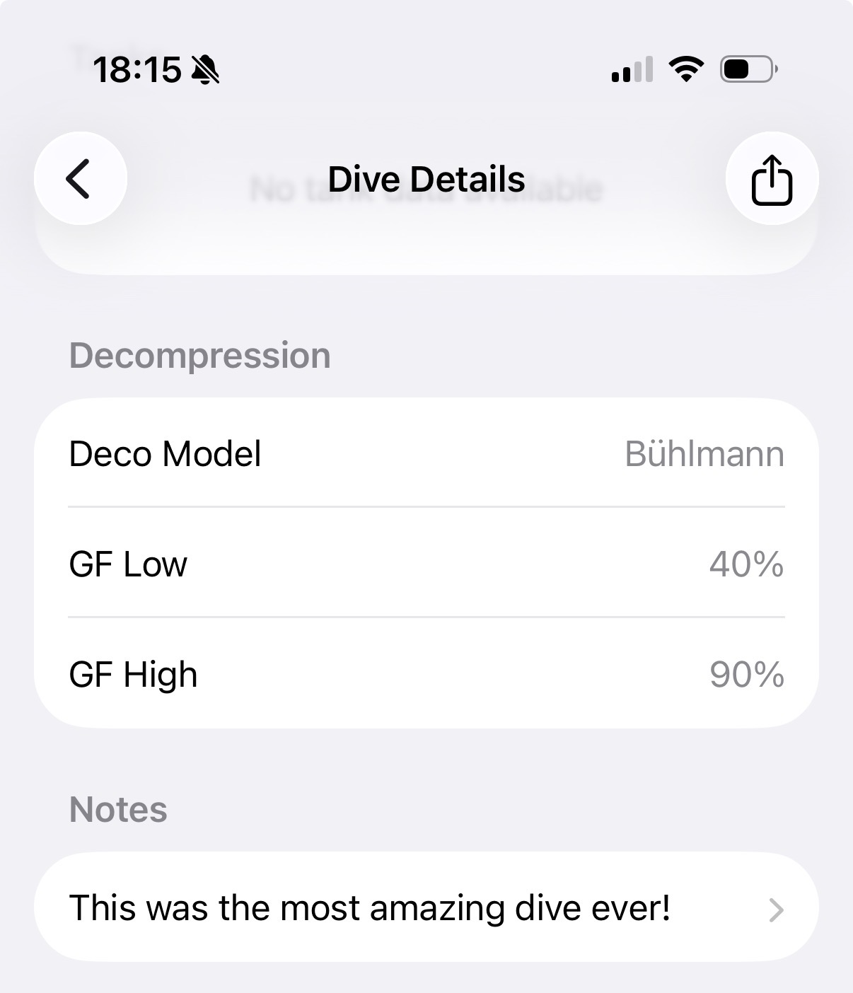 Dive details showing the Decompression and Notes sections