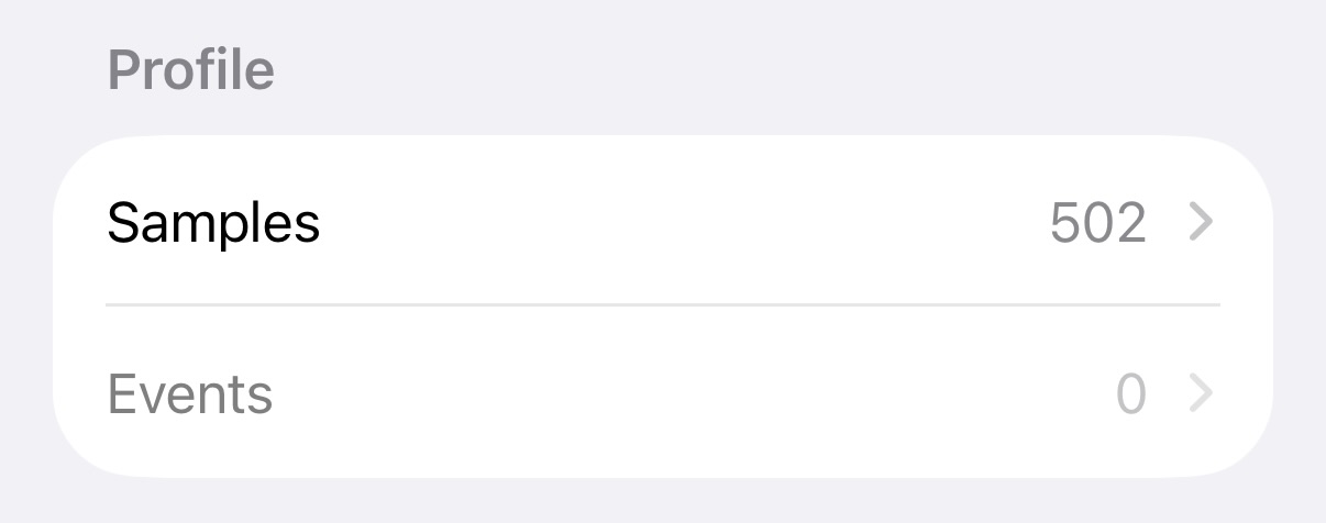 Profile section showing samples and events counts