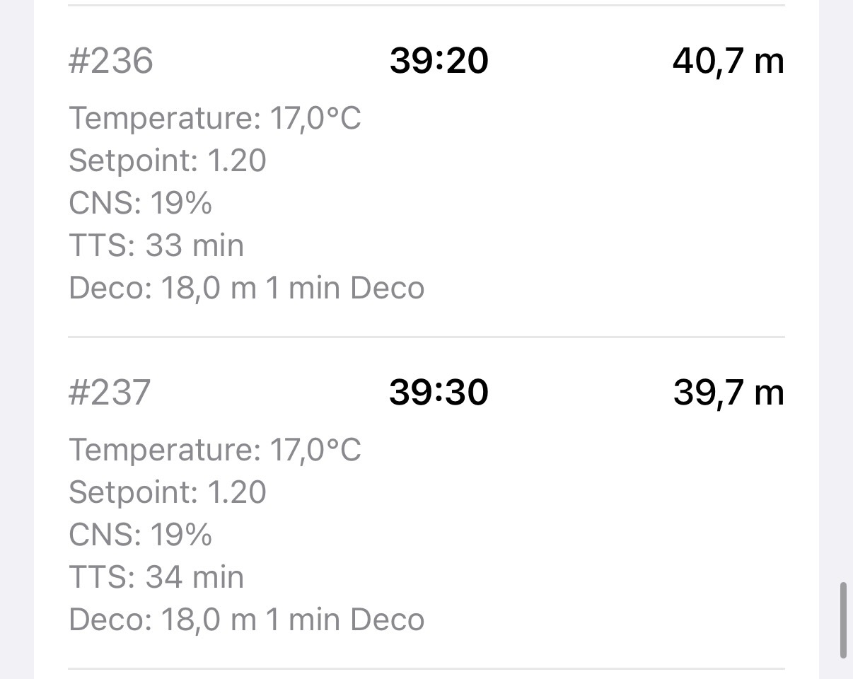Profile samples showing deco stop information at depth