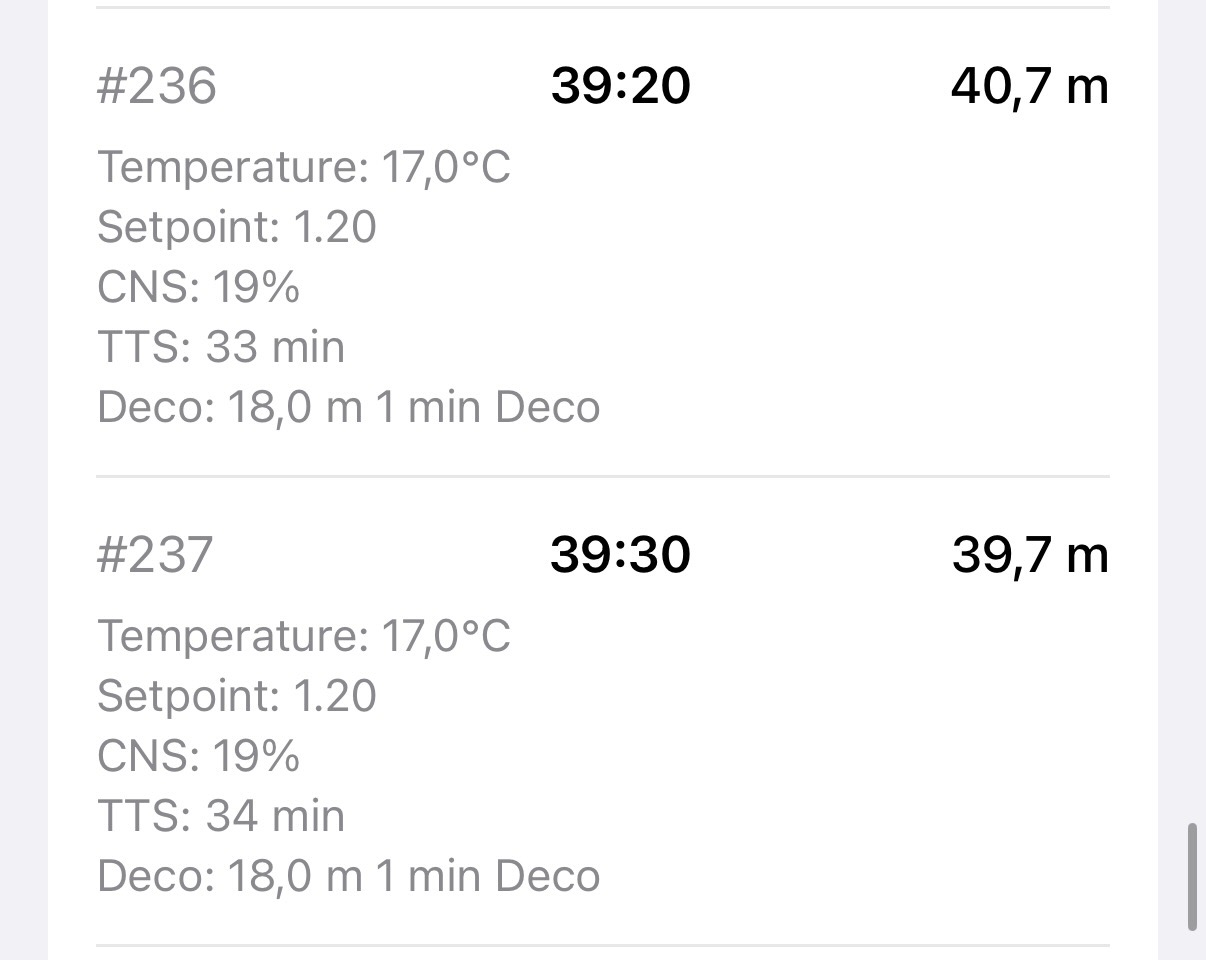 Profile samples showing deco stop information at depth