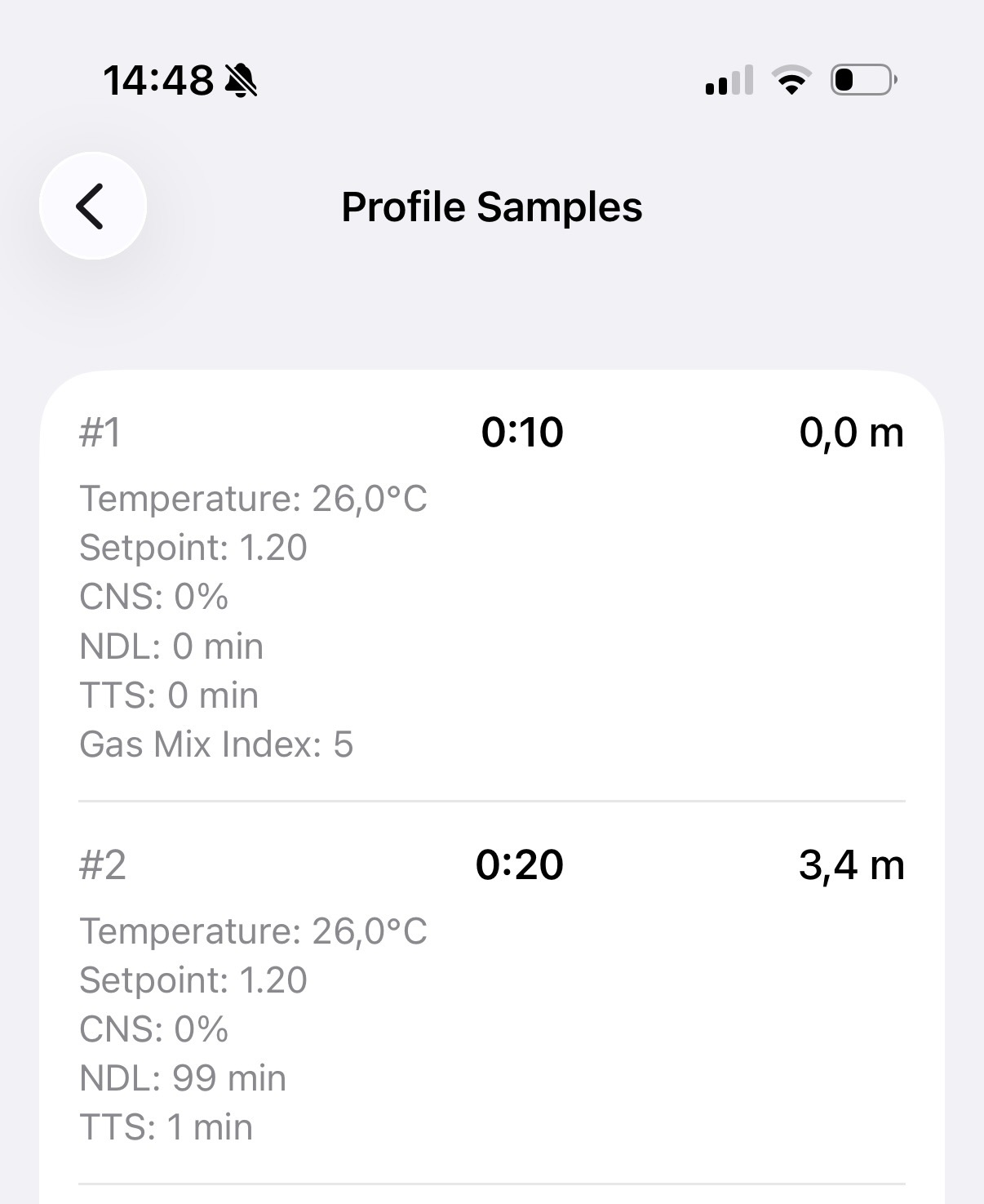 Profile samples showing time, depth, temperature, and NDL data