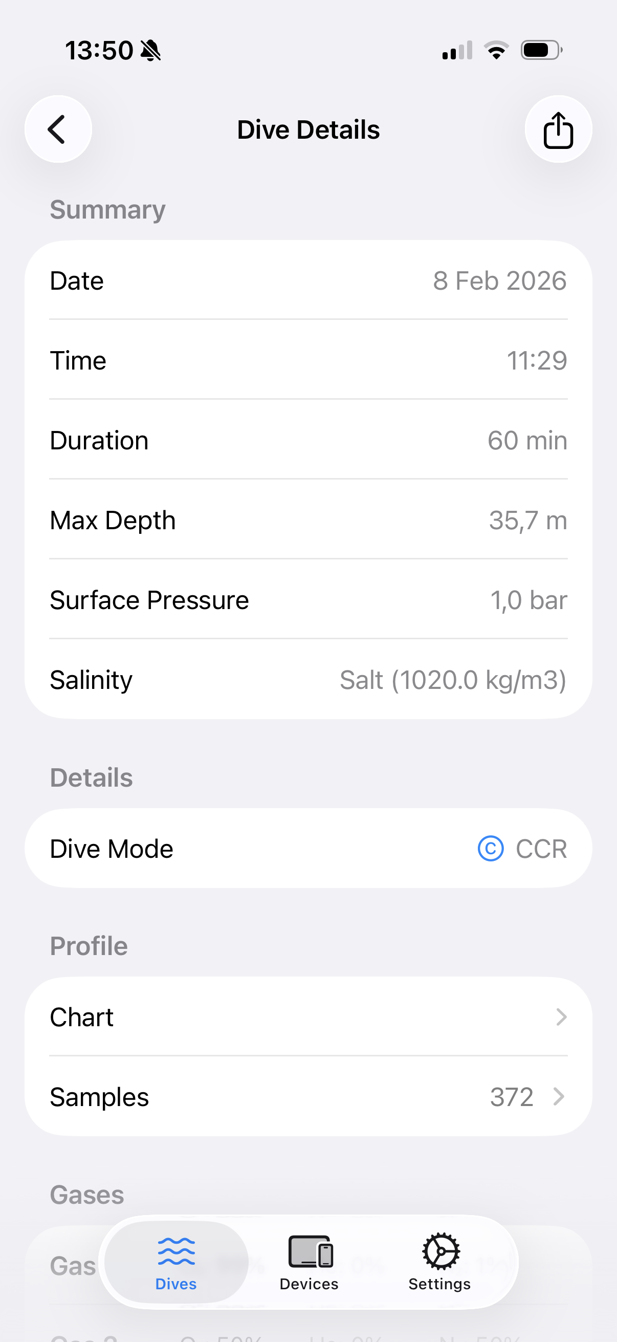 Dive detail summary showing date, duration, depth, and salinity