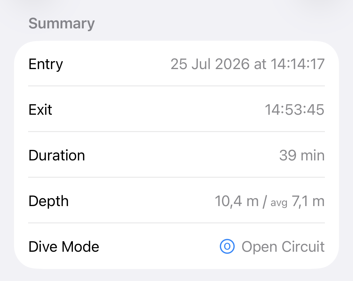 Summary section with the Entry, Exit, Duration, Depth, and Dive Mode rows