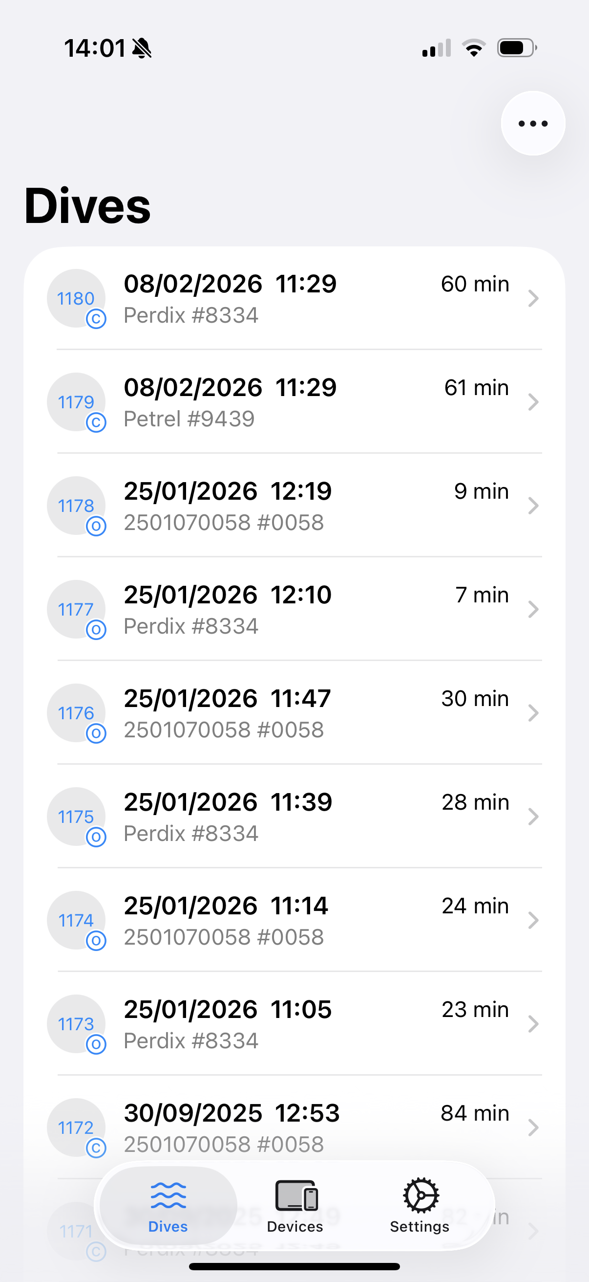 Dives list showing downloaded dives sorted by date
