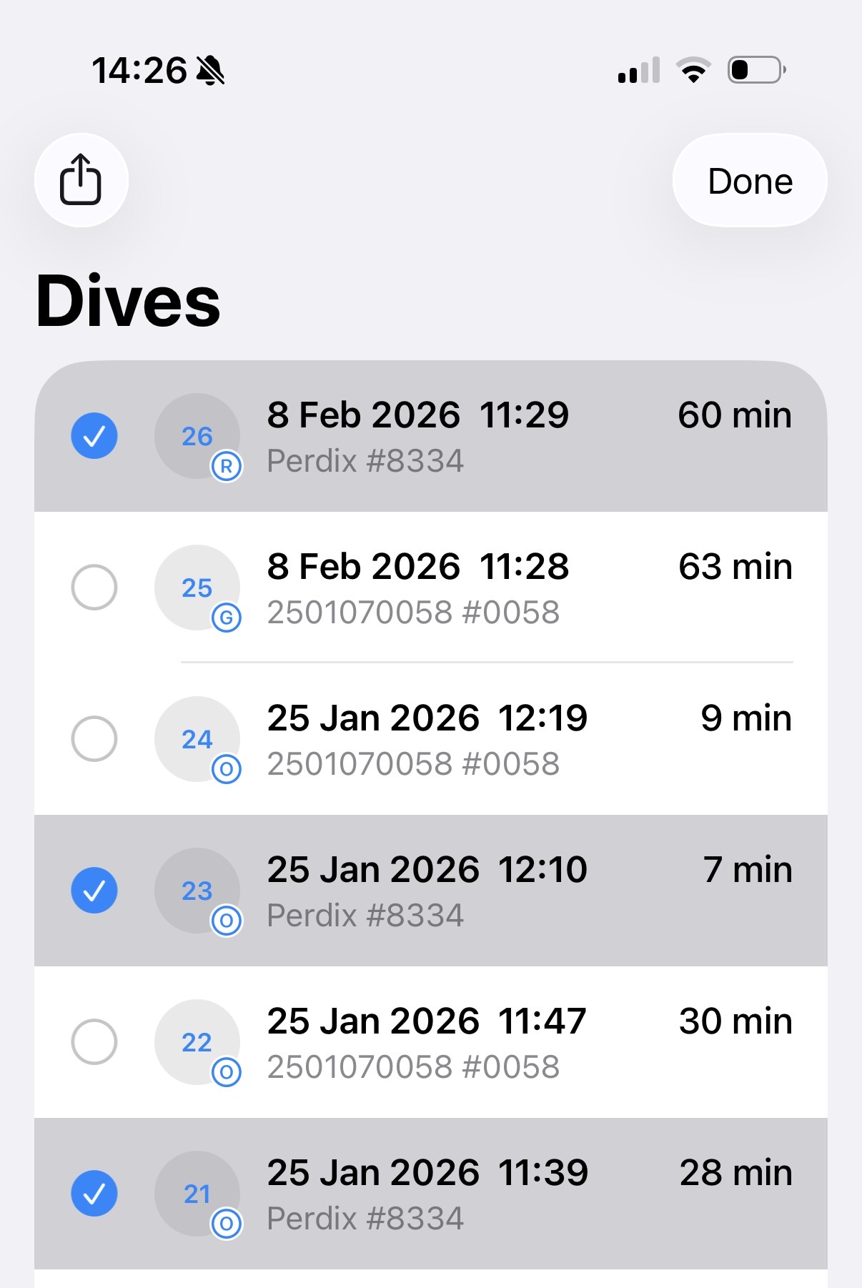 Multi-select mode with dives checked for export