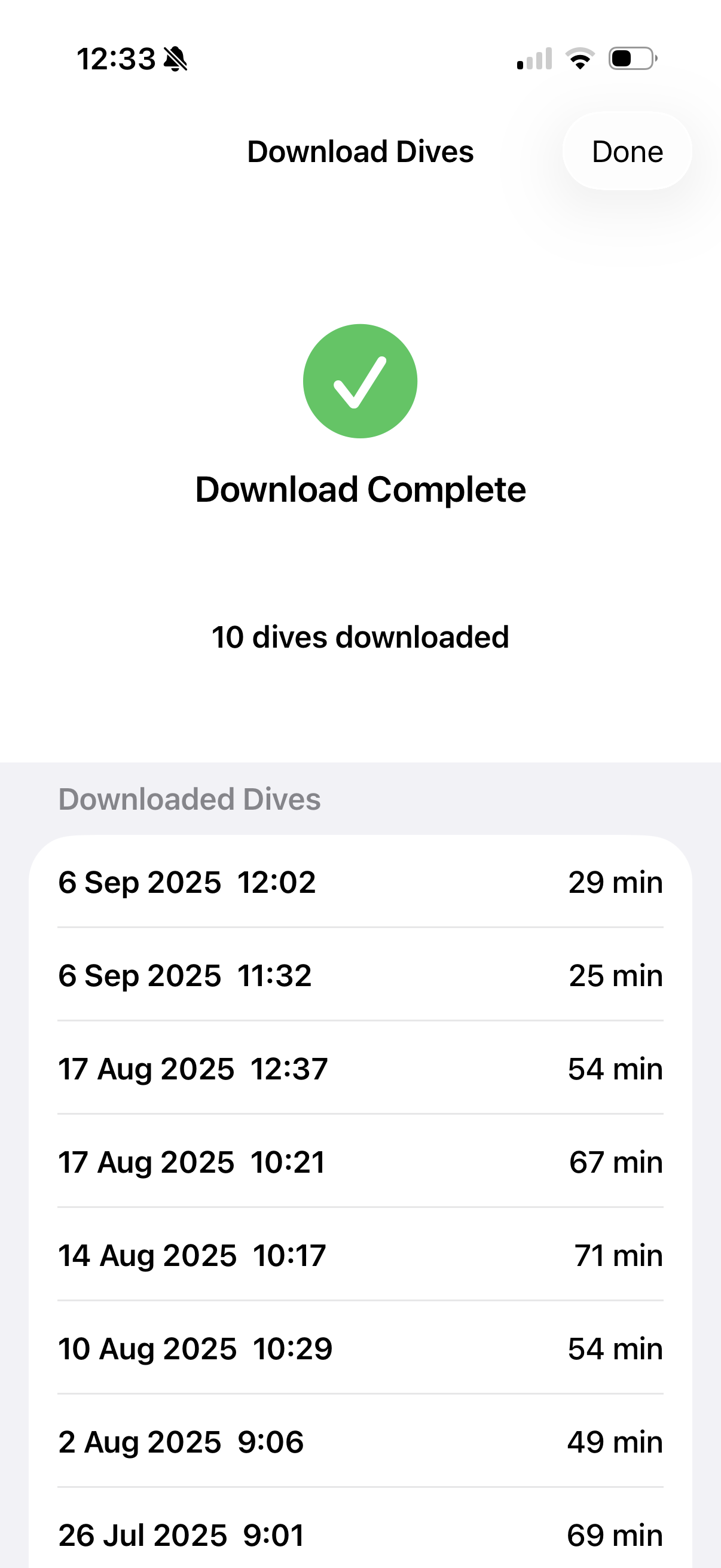 Download complete showing 10 dives downloaded