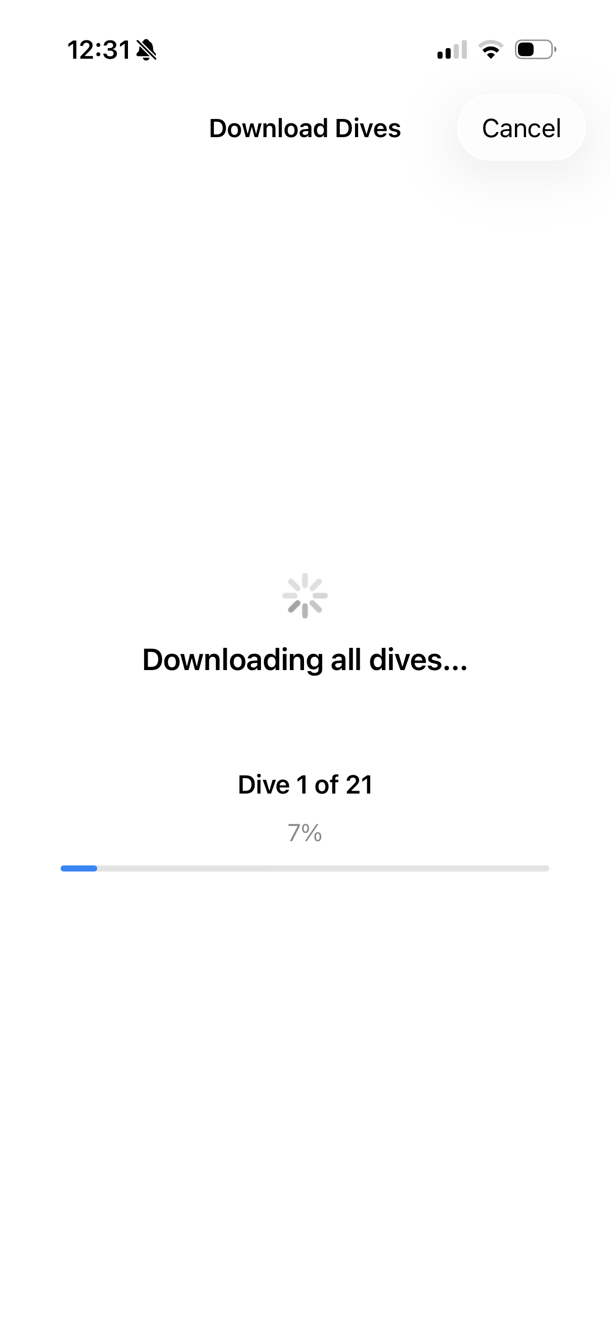Download in progress showing dive count and progress bar