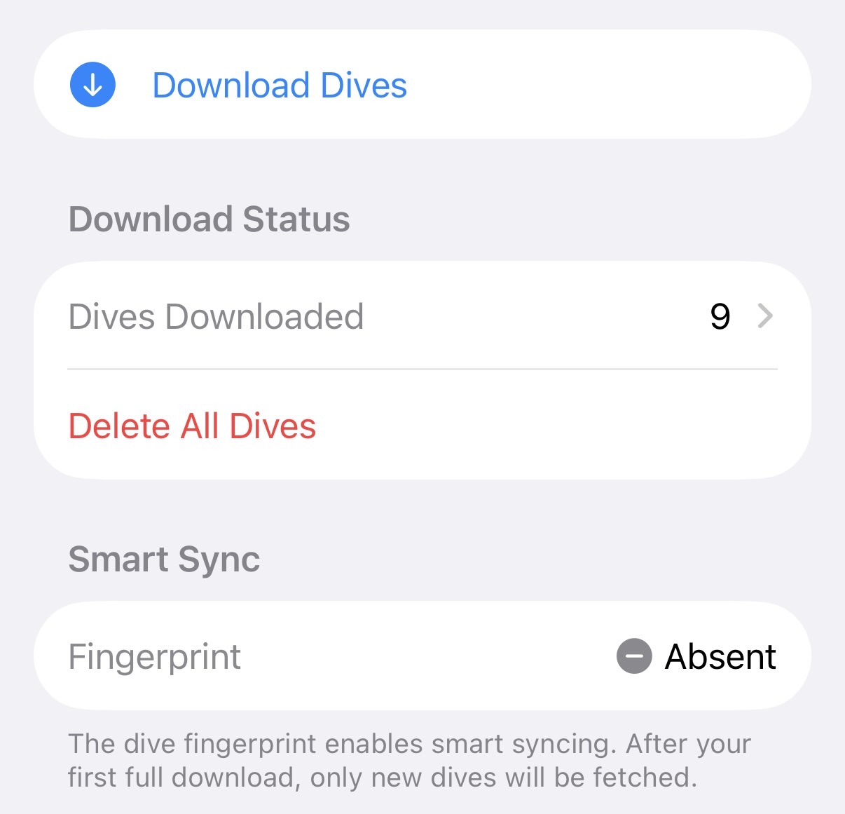Download status after a partial download with 9 dives but no fingerprint