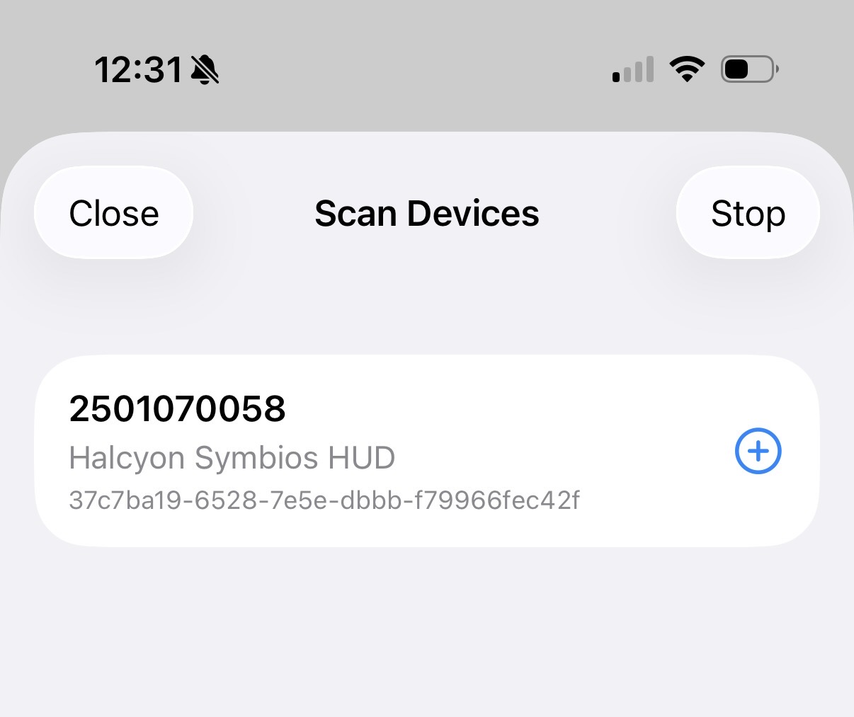Scan results showing a discovered device with the add button