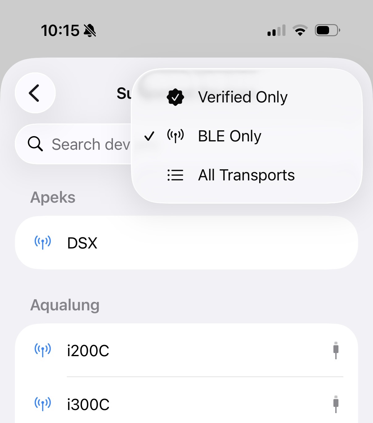 Filter menu showing Verified Only, BLE Only, and All Transports options