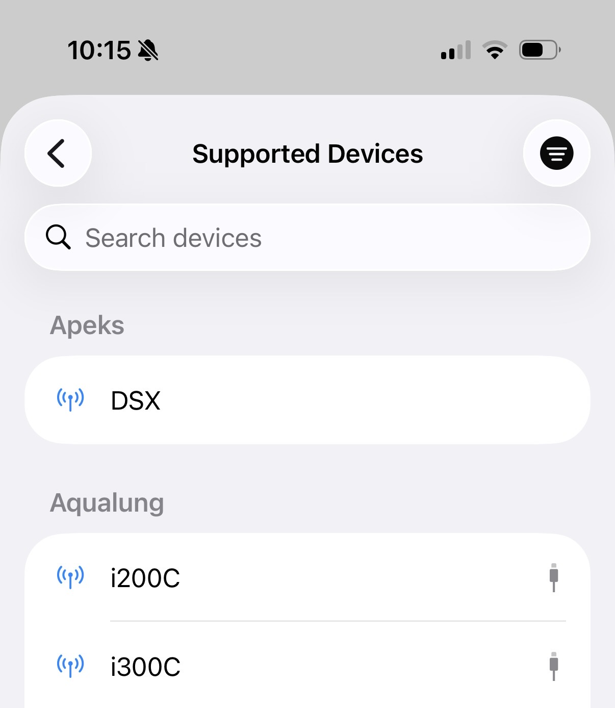 Supported Devices list showing BLE-compatible devices
