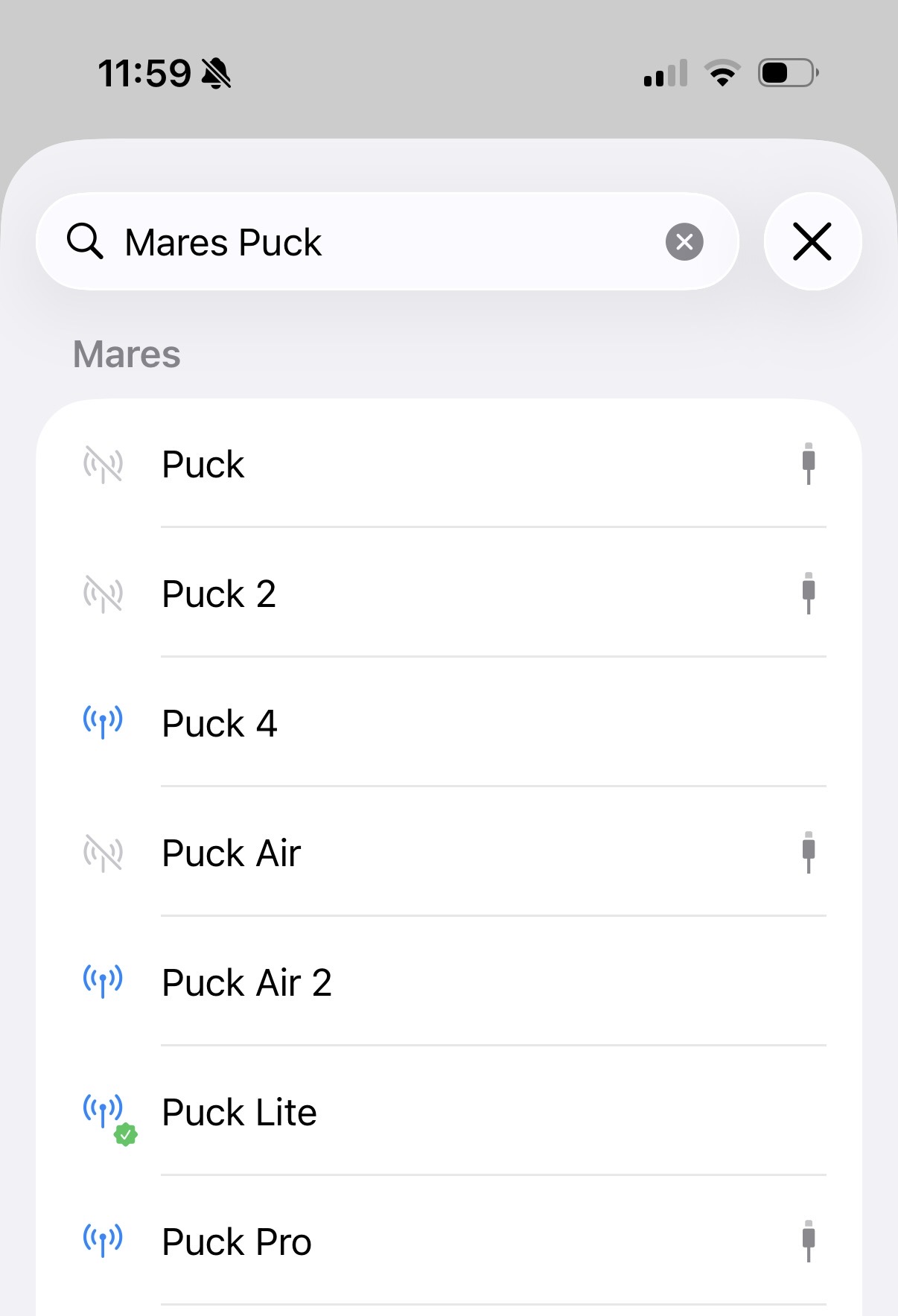 Search results for Mares Puck showing devices with different compatibility states