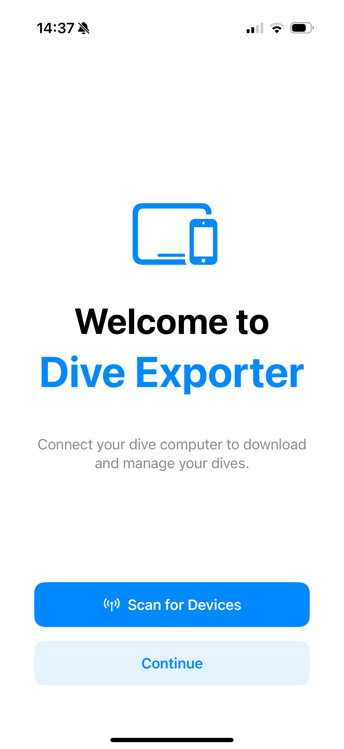 Dive Exporter welcome screen